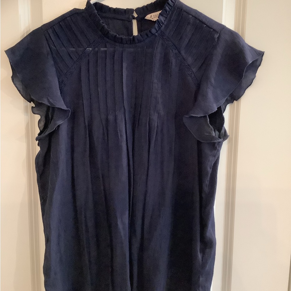 Nanette Lepore High collar Navy Ruffle Sleeve lightweight Blouse